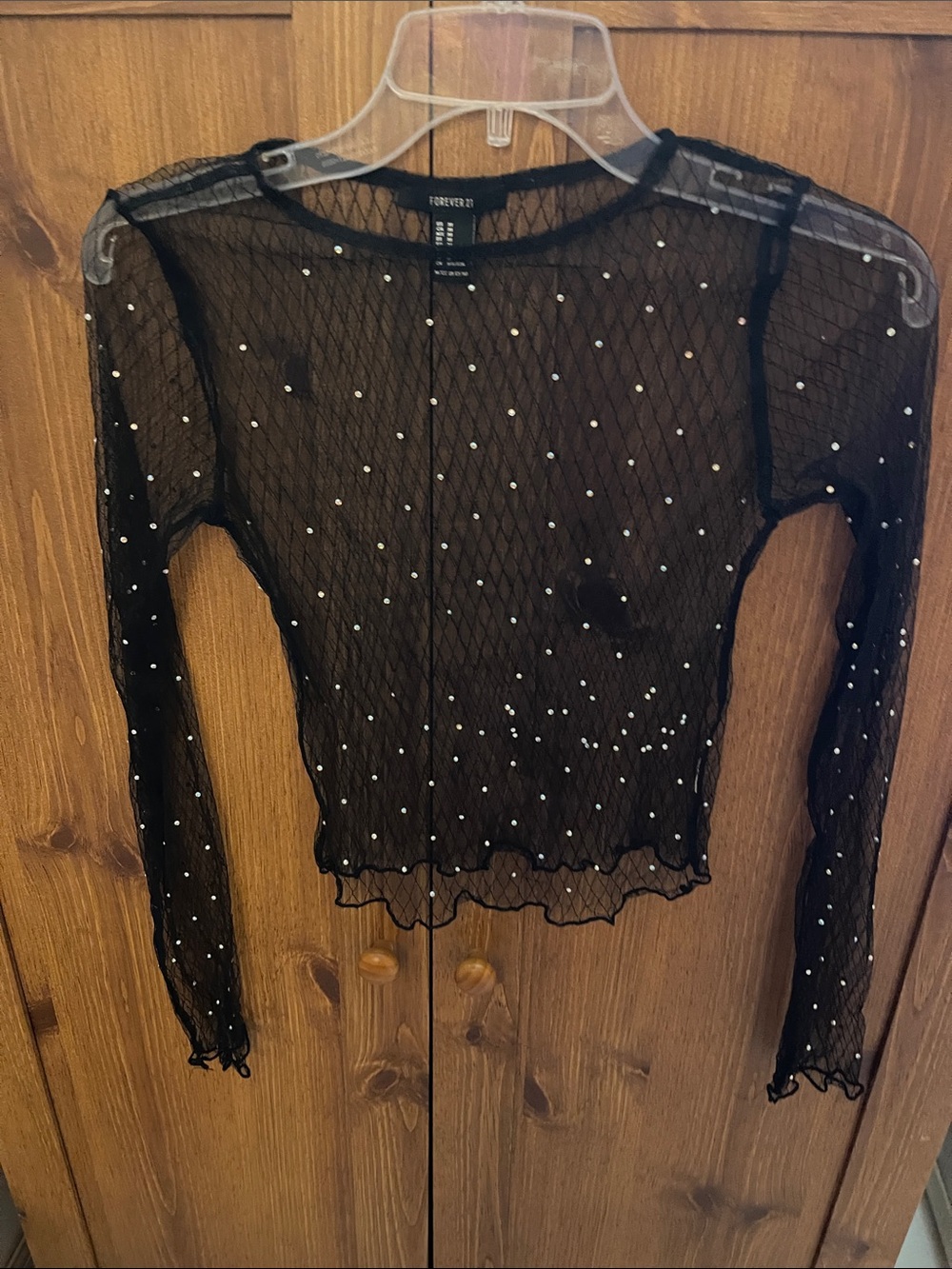 Forever 21 Black Sheer Mesh Cropped Long-Sleeve Top with Rhinestones